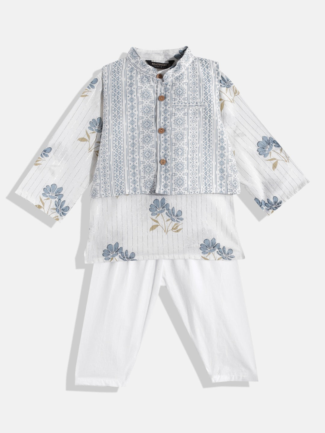 Boys Cotton Fabric White Color Floral Printed Kurta With Nehru Jacket And Pyjama