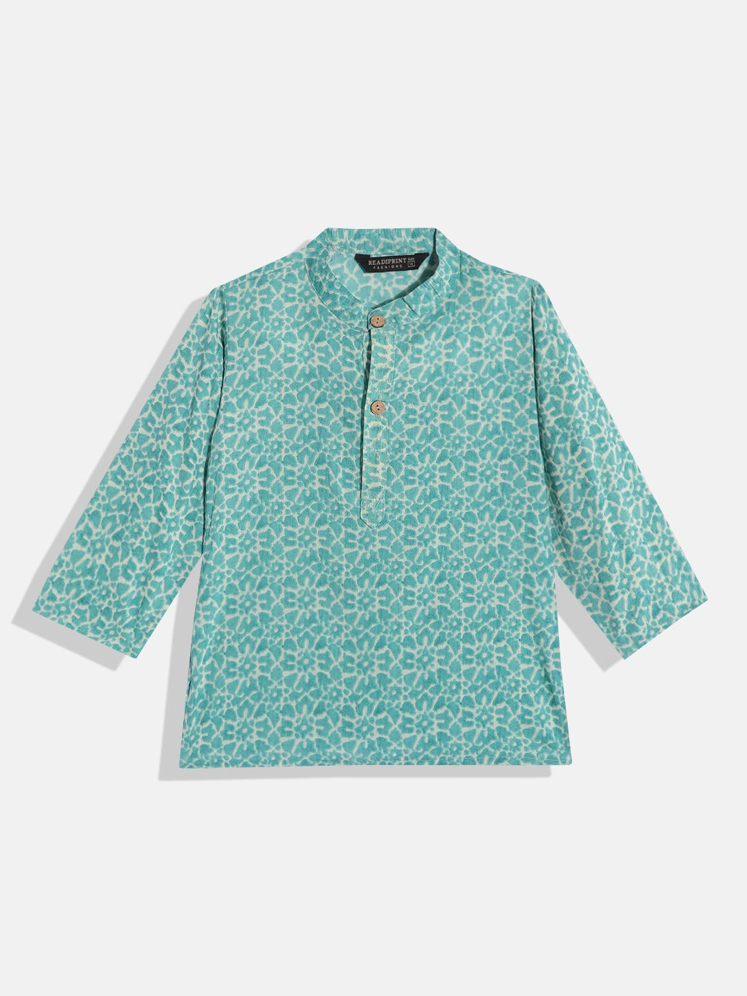 Boys Cotton Fabric Turquoise Blue Color Printed Kurta With Wooden Buttons And White Color Pyjama With Nehru Jacket