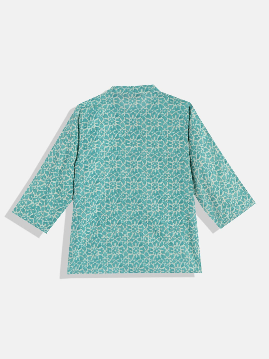 Boys Cotton Fabric Turquoise Blue Color Printed Kurta With Wooden Buttons And White Color Pyjama With Nehru Jacket