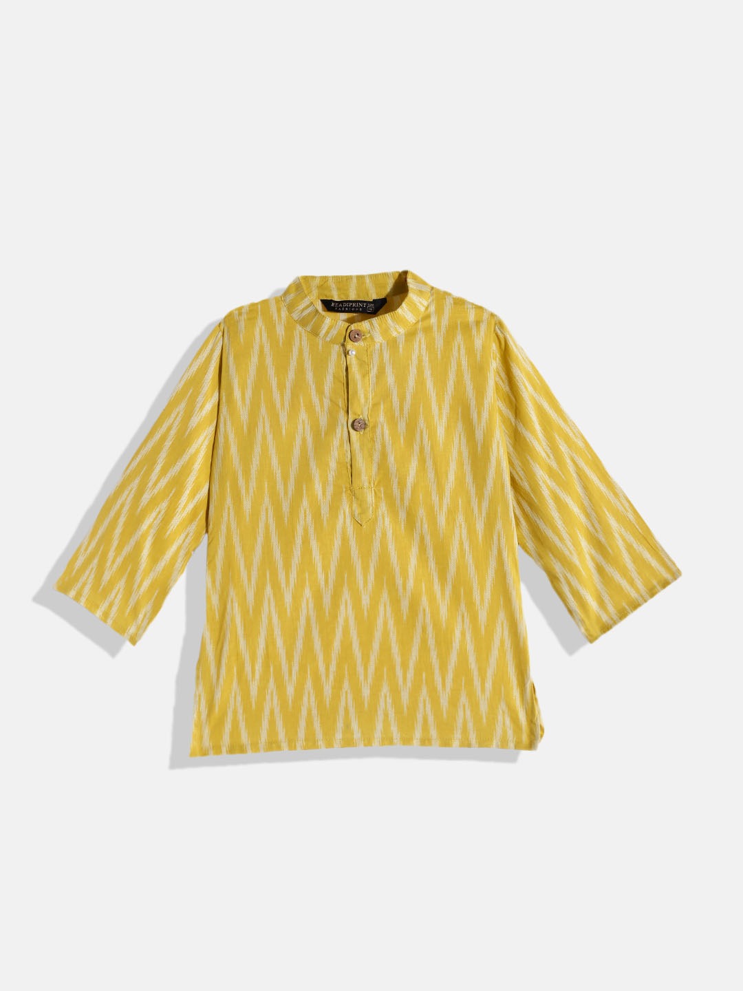 Boys Cotton Fabric Yellow Color Printed Kurta With White Color Pyjama And Nehru Jacket