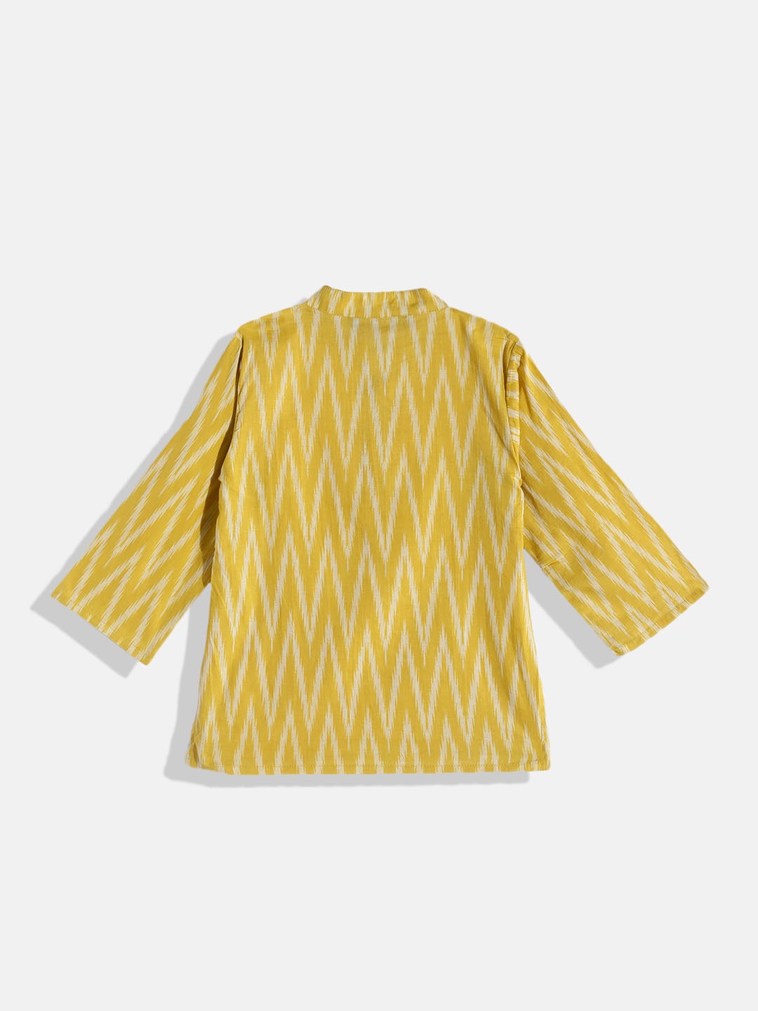 Boys Cotton Fabric Yellow Color Printed Kurta With White Color Pyjama And Nehru Jacket