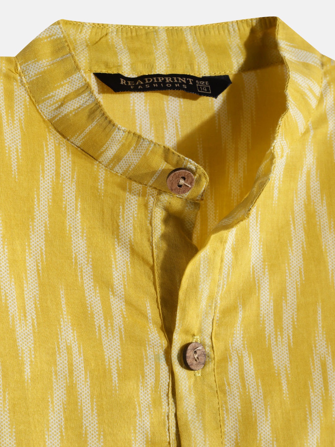 Boys Cotton Fabric Yellow Color Printed Kurta With White Color Pyjama And Nehru Jacket