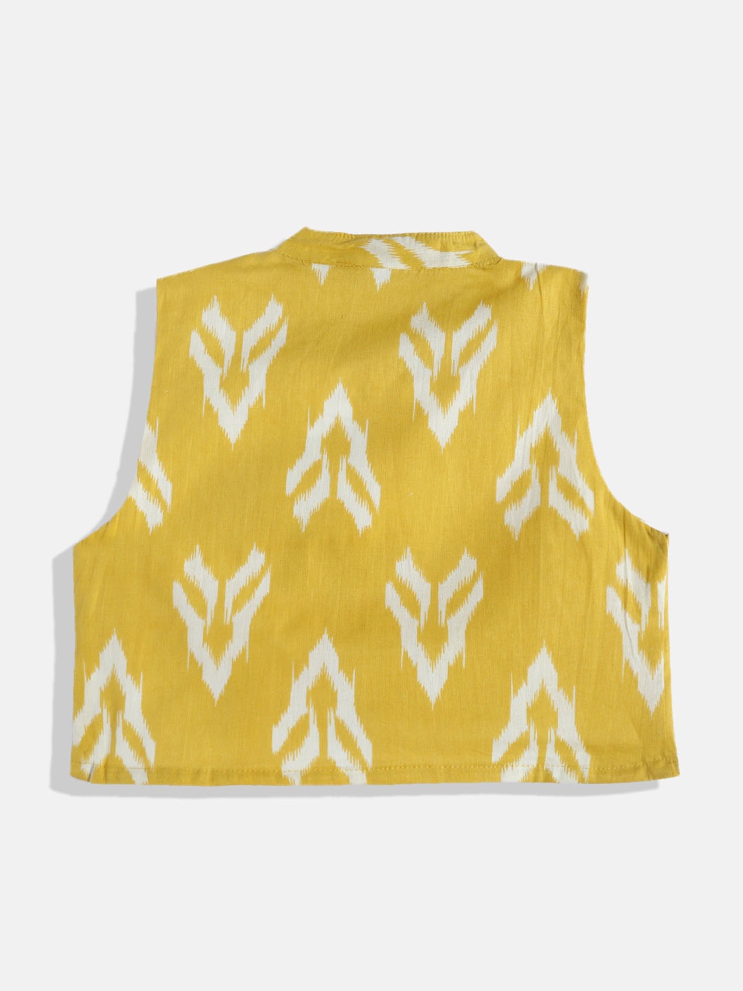 Boys Cotton Fabric Yellow Color Printed Kurta With White Color Pyjama And Nehru Jacket