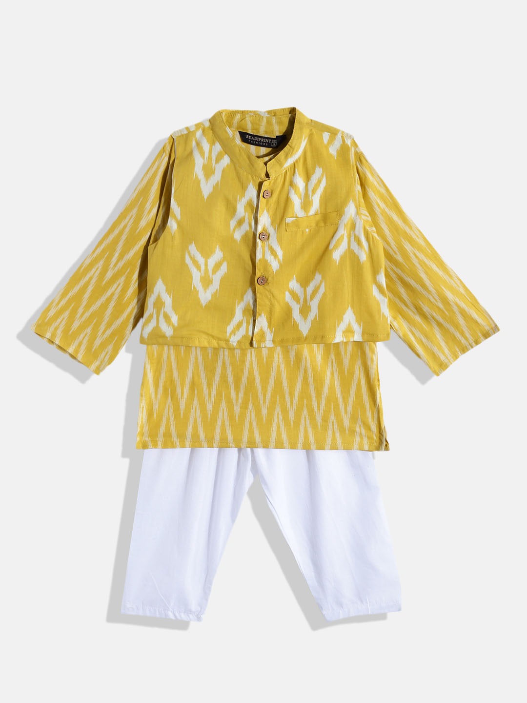 Boys Cotton Fabric Yellow Color Printed Kurta With White Color Pyjama And Nehru Jacket
