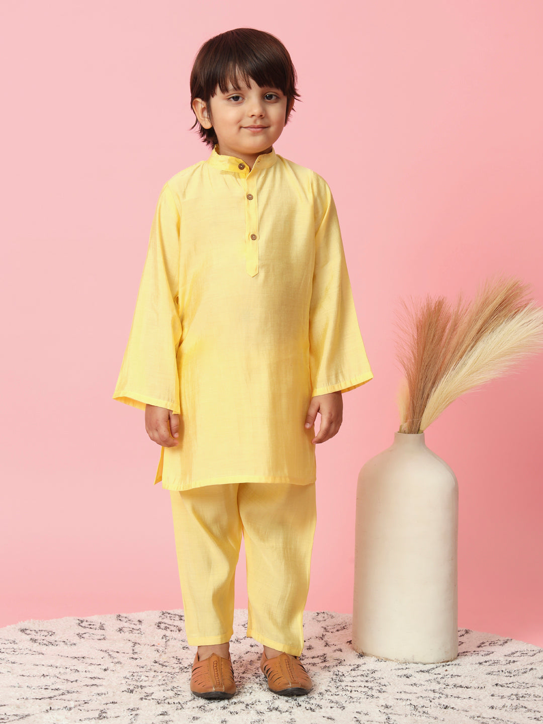 Boys Straight Style Cotton Silk Fabric Yellow Color Kurta And Pyjama With Red Cotton Printed Nehru Jacket