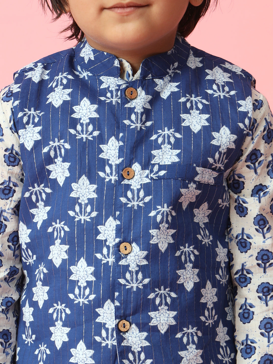 Boys Straight Style Cotton Fabric Blue Color Floral Block Printed Kurta With White Color Pyjama And Nehru Jacket