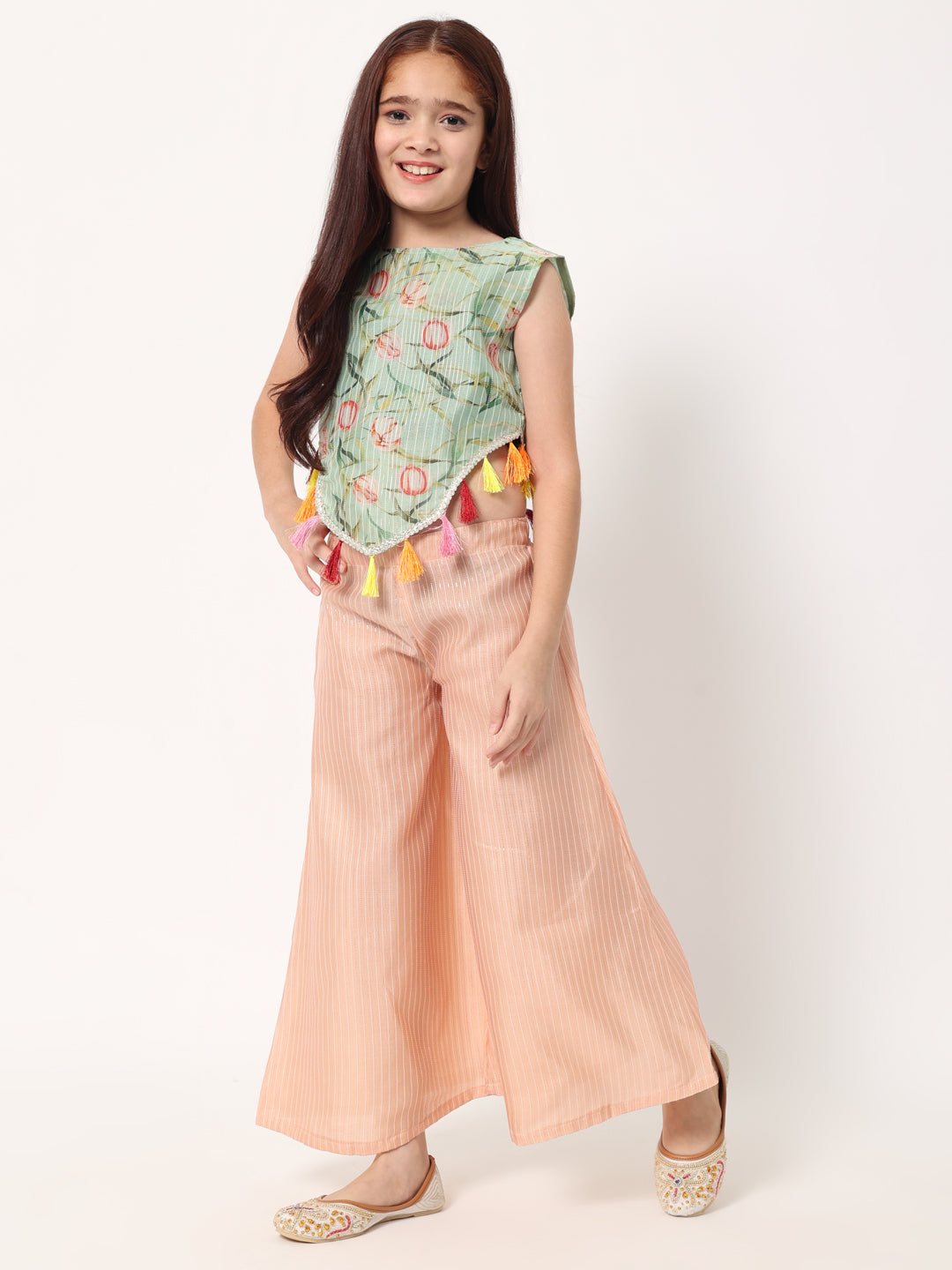 Straight Style Organza Fabric Green Color Floral Printed Top And Palazzo With Tussels And Gotta Lace Work