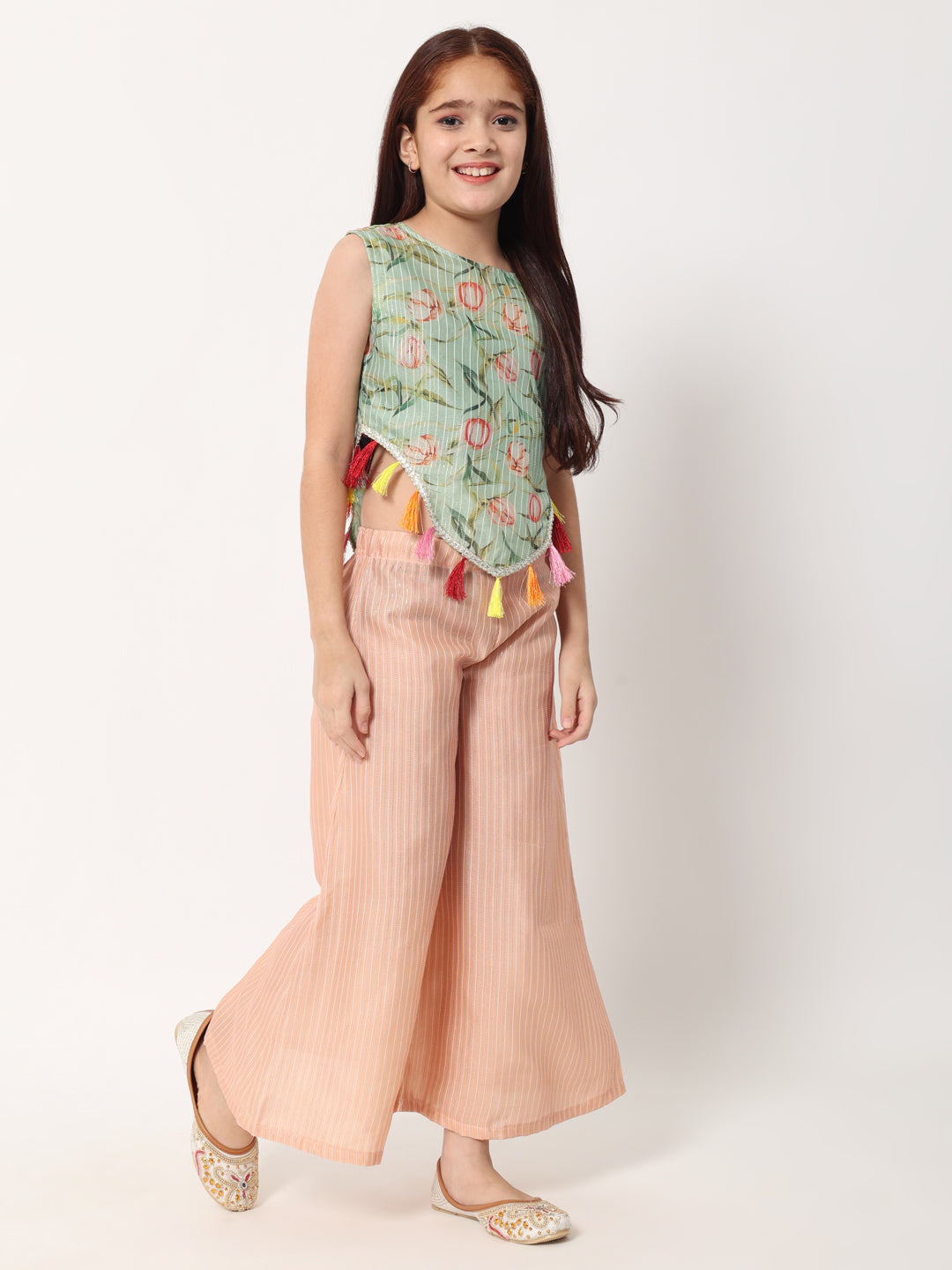 Straight Style Organza Fabric Green Color Floral Printed Top And Palazzo With Tussels And Gotta Lace Work