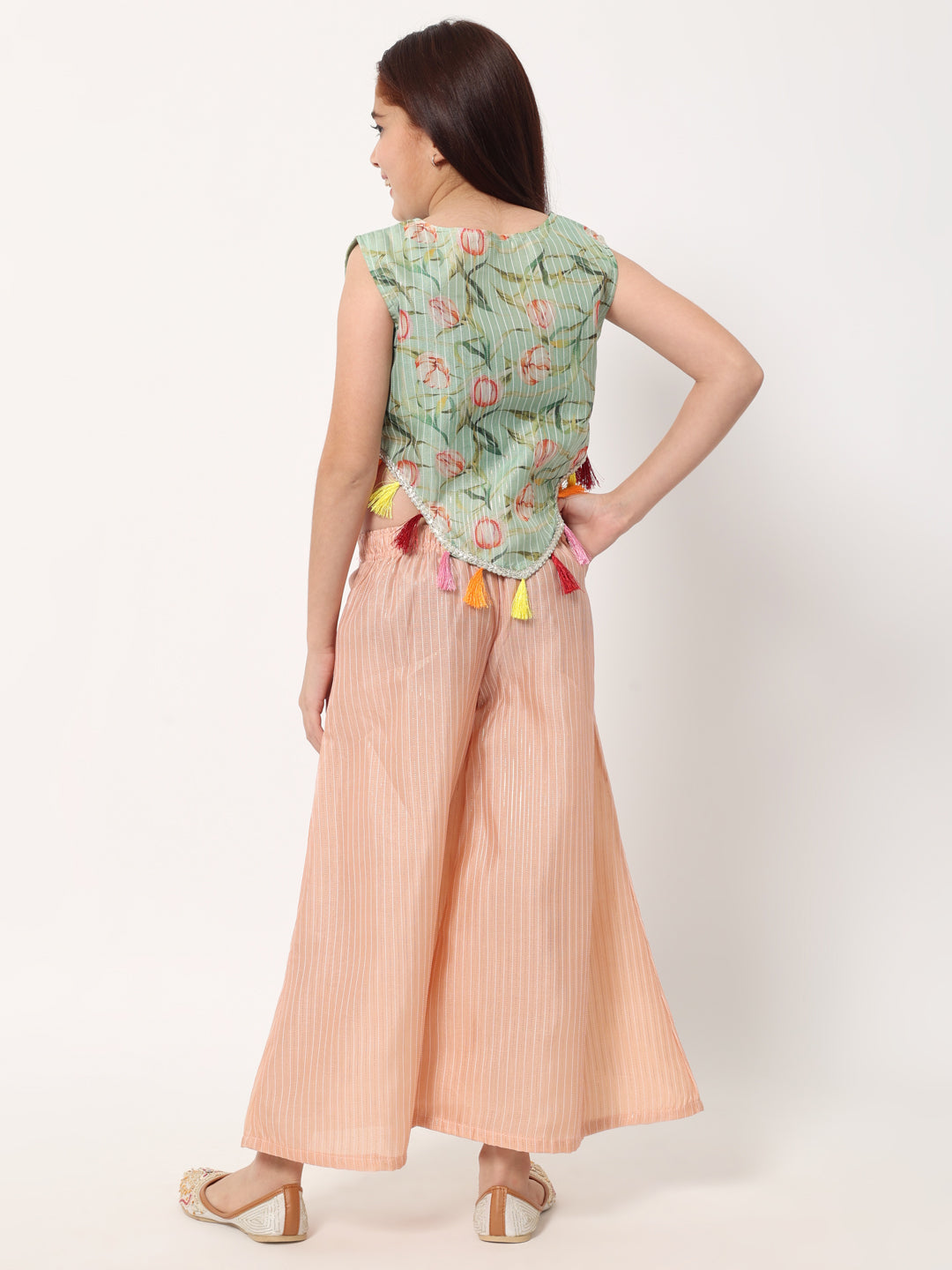 Straight Style Organza Fabric Green Color Floral Printed Top And Palazzo With Tussels And Gotta Lace Work