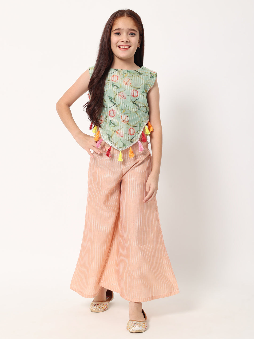 Straight Style Organza Fabric Green Color Floral Printed Top And Palazzo With Tussels And Gotta Lace Work