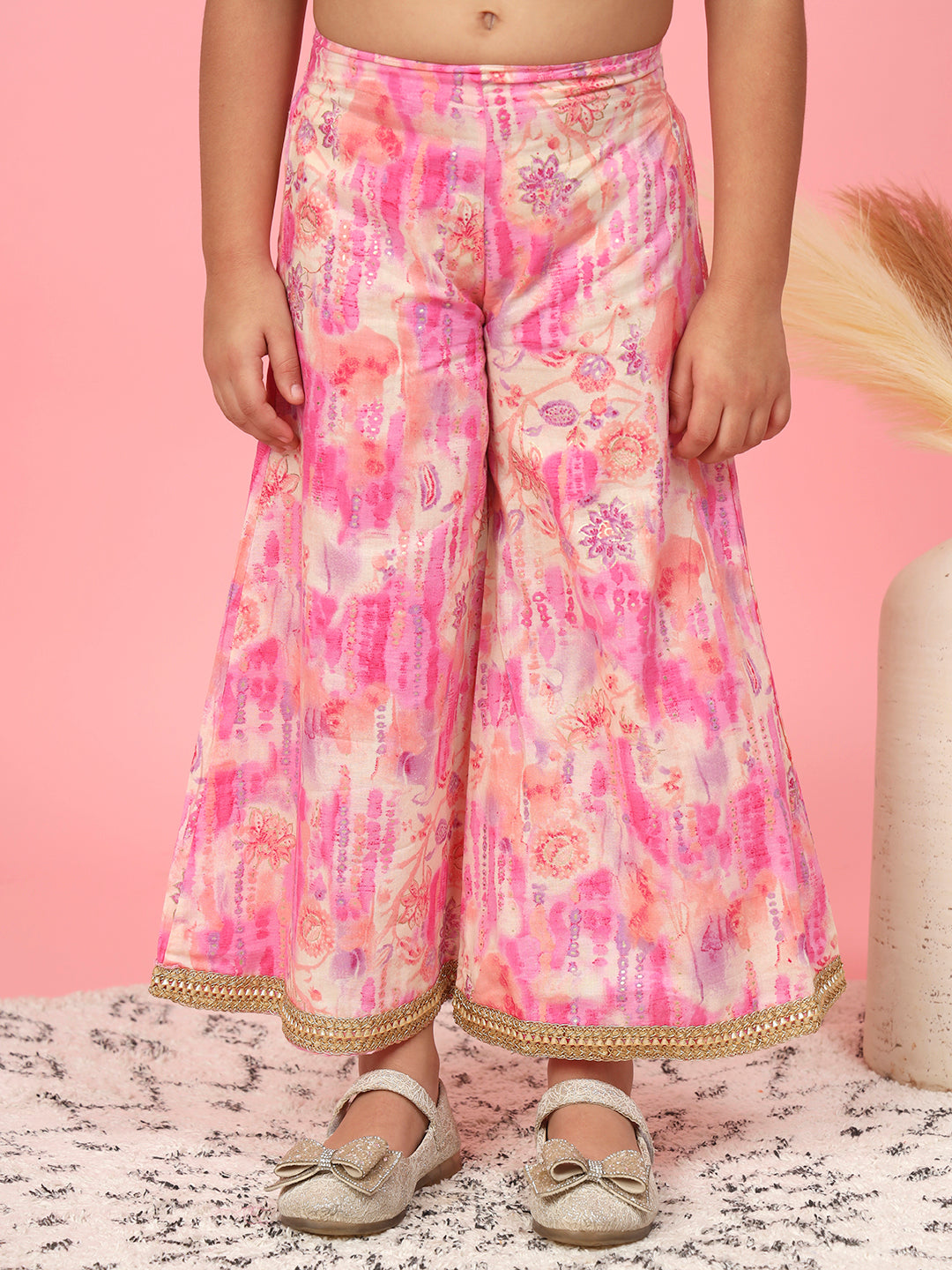 One Shoulder Style Cotton Fabric Pink Color Printed Top And A Line Palazzo With Zari,Gotta Lace And Tussels Work