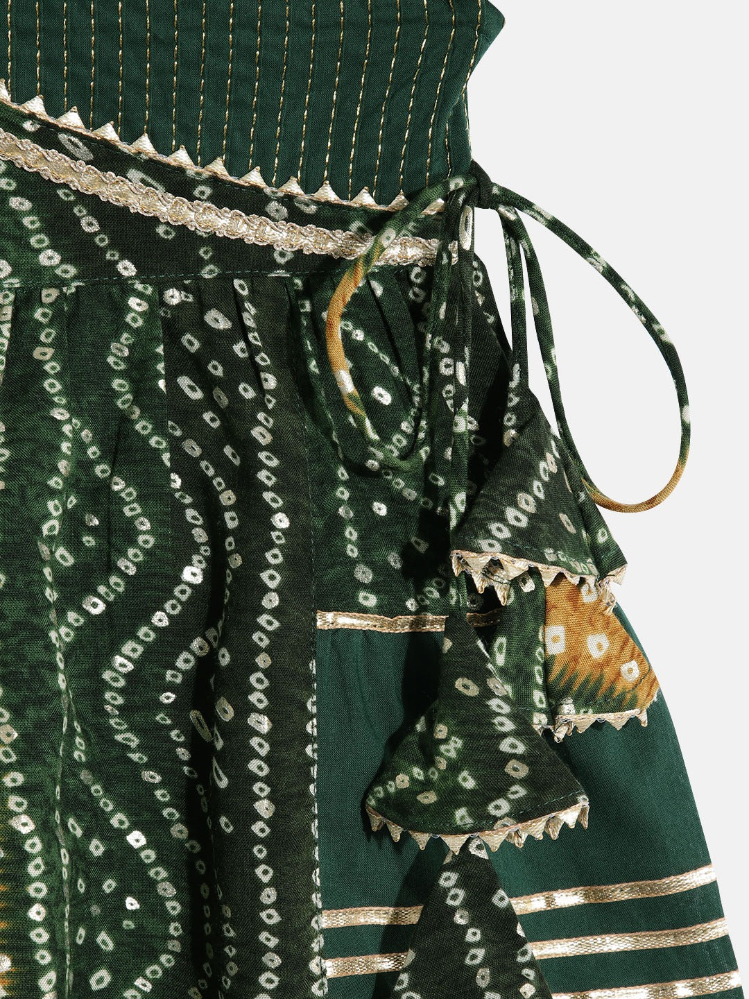 Frock Style Rayon Fabric Green Color Bandhej Printed Kurti And Pyjama With Gotta Lace Work