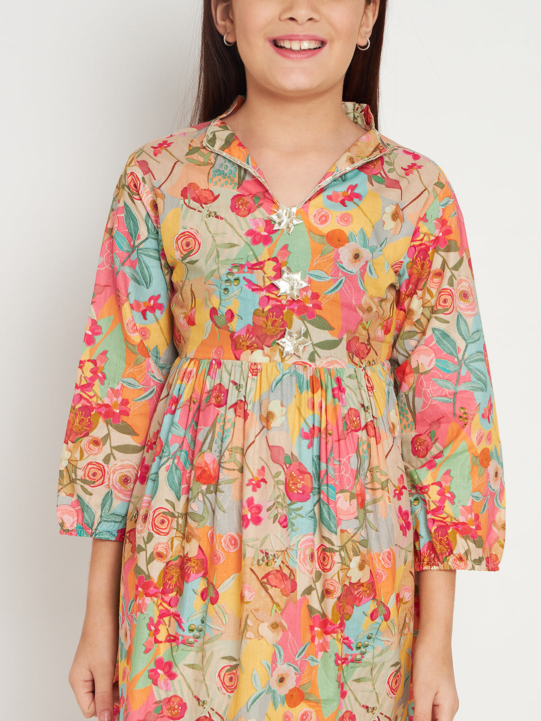 Frock Style Cotton Fabric Multi Color Floral Printed Kurti And Pyjama With Gotta Lace Work