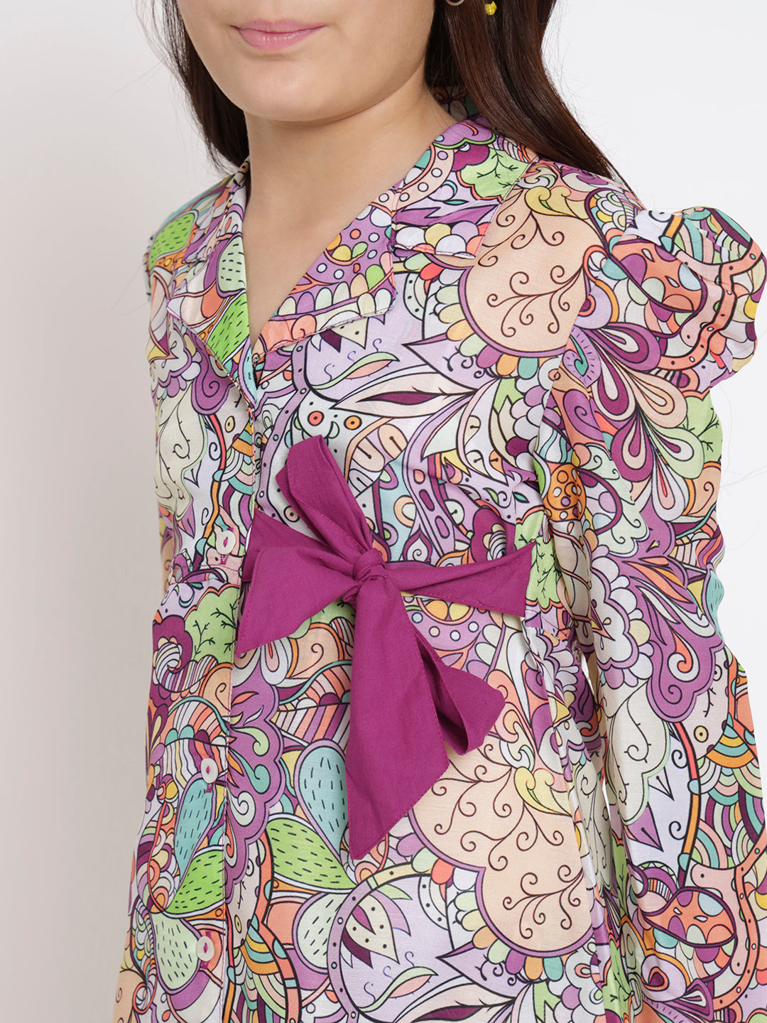 Girls A Line Shirt Style Crepe Fabric Purple Color Floral Printed Top With Belt And Bottom