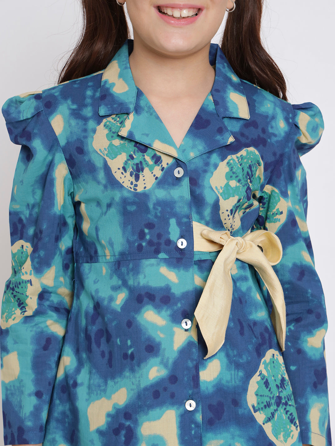 Girls A Line Shirt Style Cotton Fabric Blue Color Printed Top With Belt And Bottom