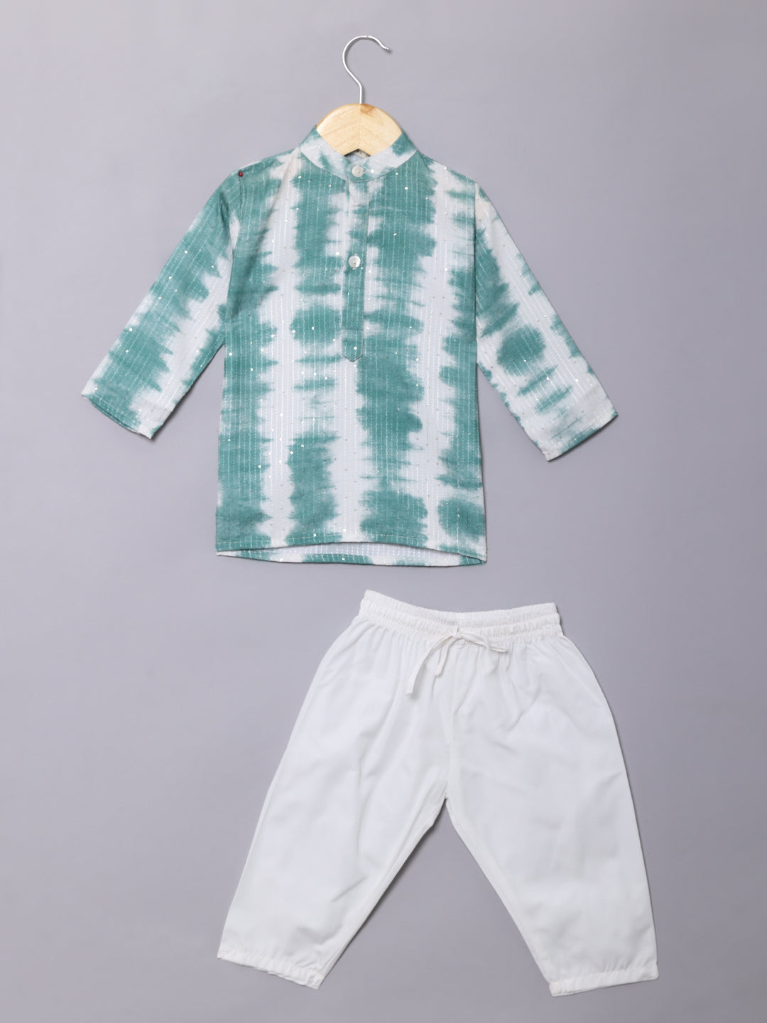 Boys Straight Style Cotton Fabric Green Color Tie And Dyed Kurta With White Color Pyjama