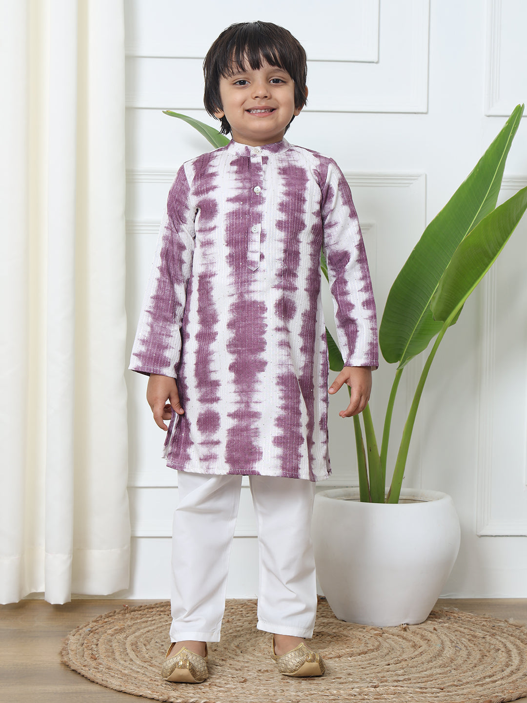 Boys Straight Style Cotton Fabric Purple Color Tie And Dyed Kurta With White Color Pyjama