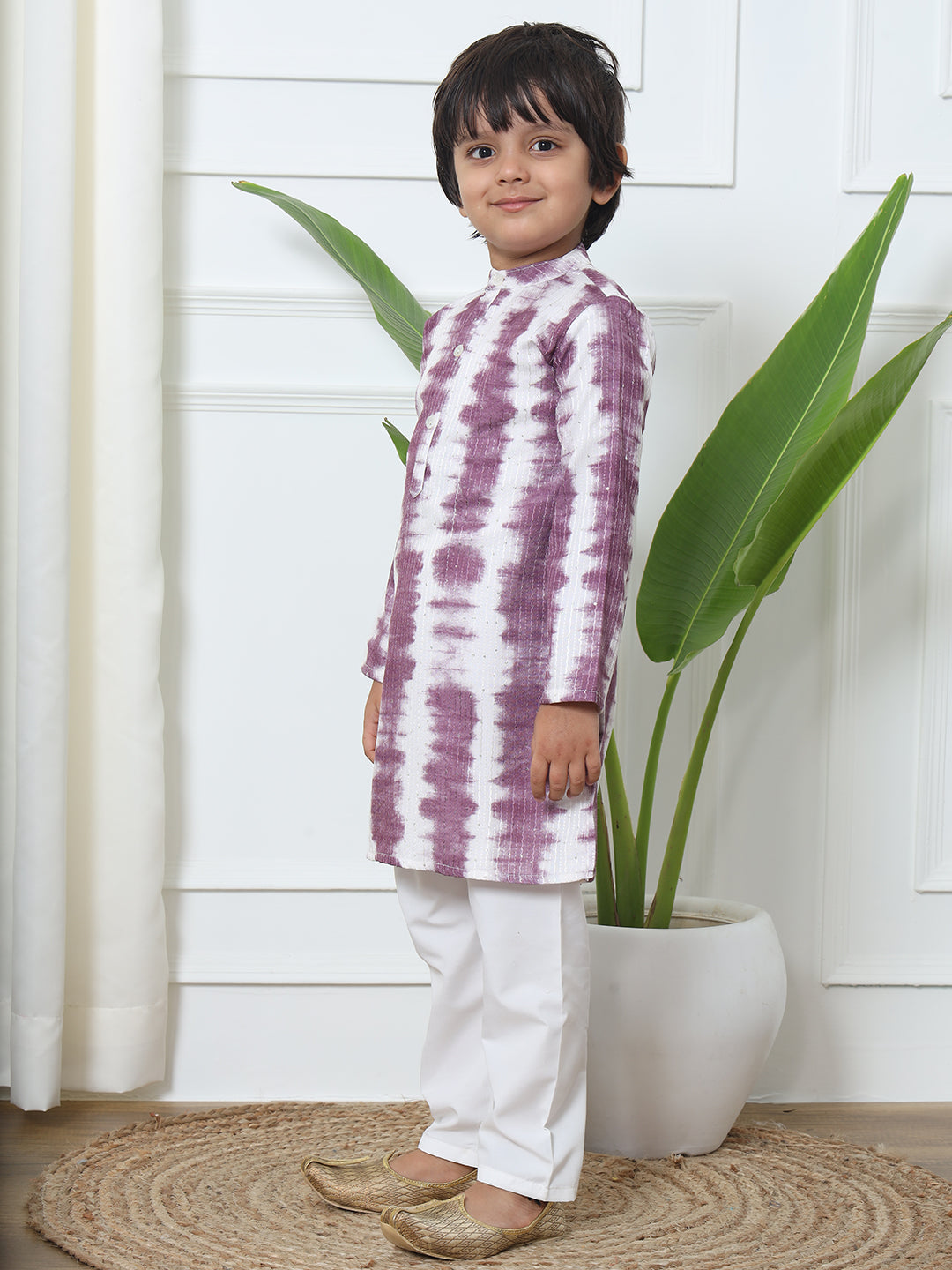 Boys Straight Style Cotton Fabric Purple Color Tie And Dyed Kurta With White Color Pyjama