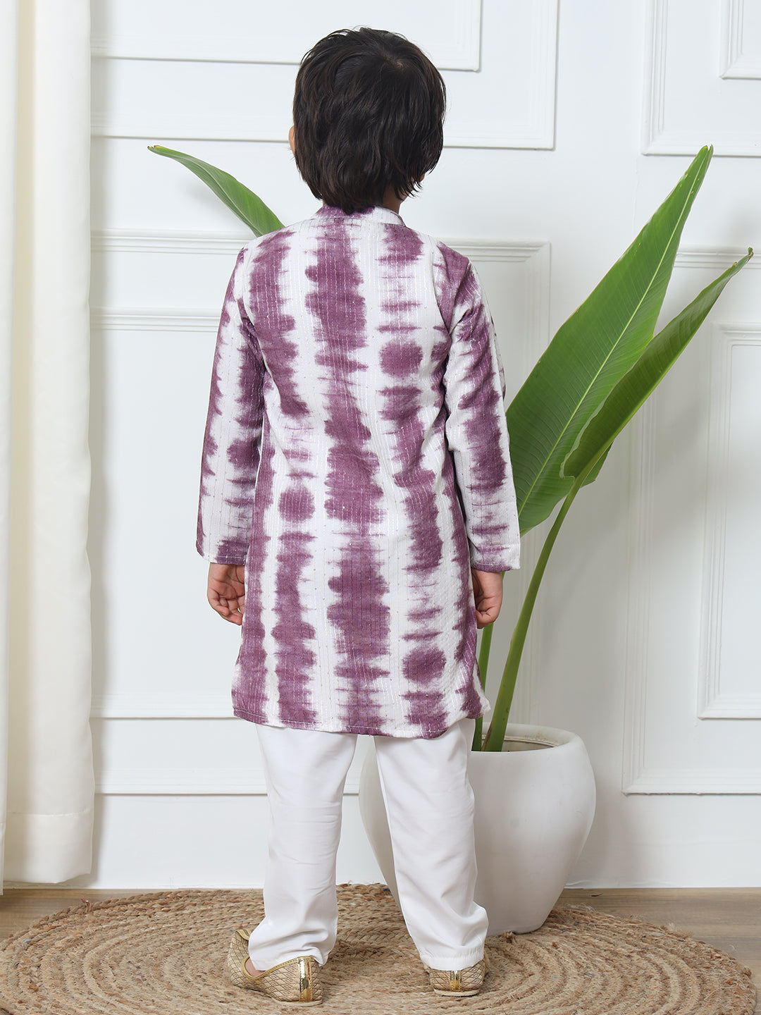 Boys Straight Style Cotton Fabric Purple Color Tie And Dyed Kurta With White Color Pyjama