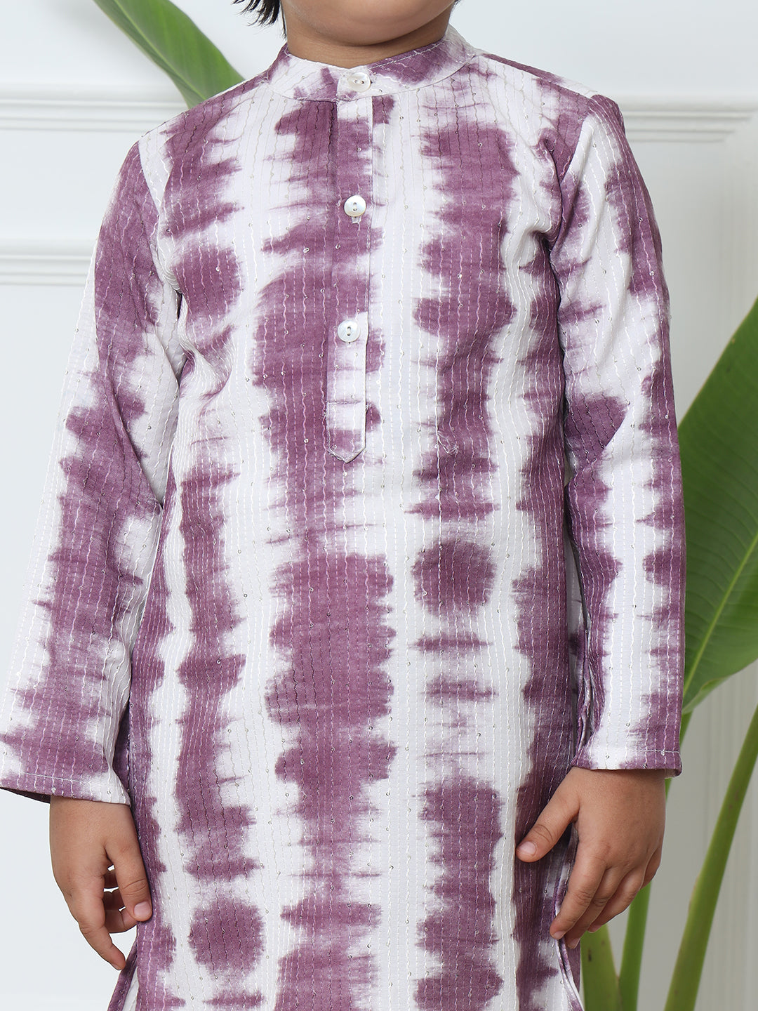 Boys Straight Style Cotton Fabric Purple Color Tie And Dyed Kurta With White Color Pyjama