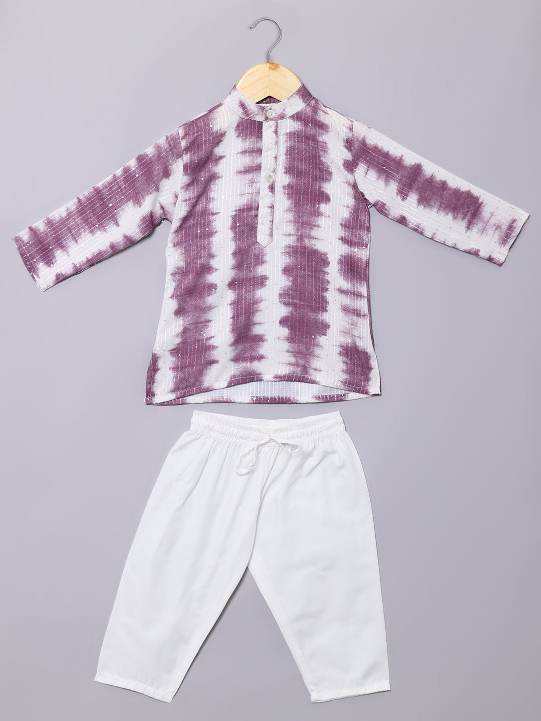 Boys Straight Style Cotton Fabric Purple Color Tie And Dyed Kurta With White Color Pyjama