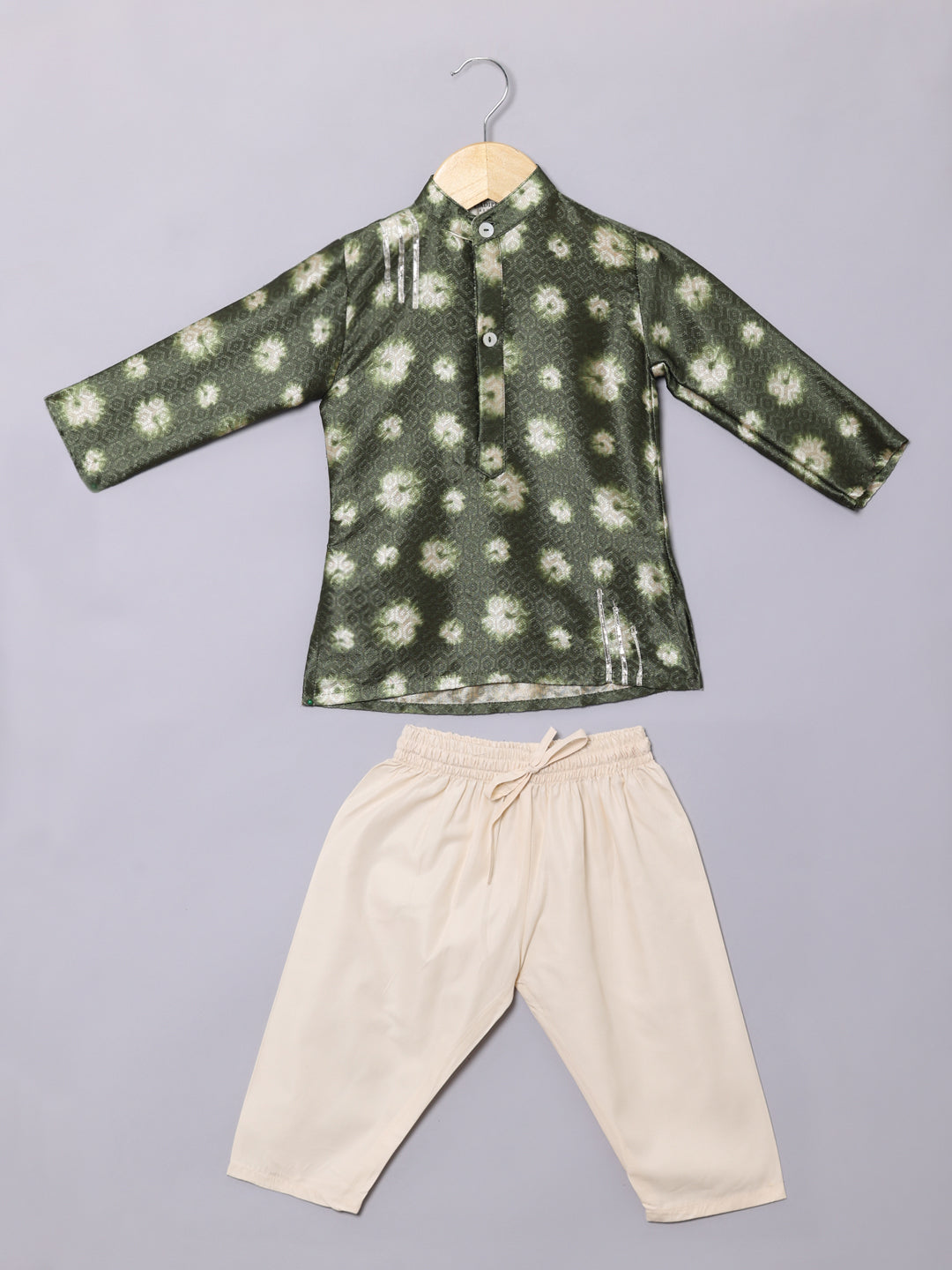 Boys Straight Style Art Silk Fabric Green Color Bandhej Printed Kurta And Cotton Fabric Cream Color Pyjama With Gotta Lace Work