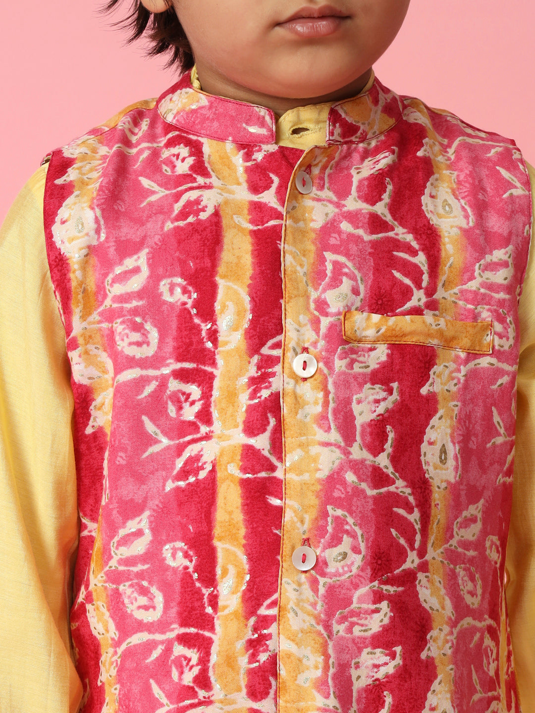 Boys Straight Style Silk Fabric Yellow Color Kurta With Pyjama And Printed Nehru Jacket