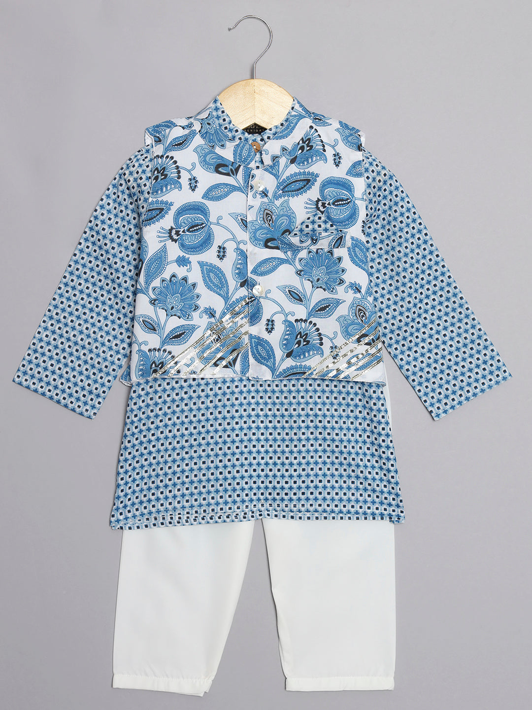 Boys Straight Style Cotton Fabric Blue And White Color Floral Printed Kurta And Pyjama With Nehru Jacket
