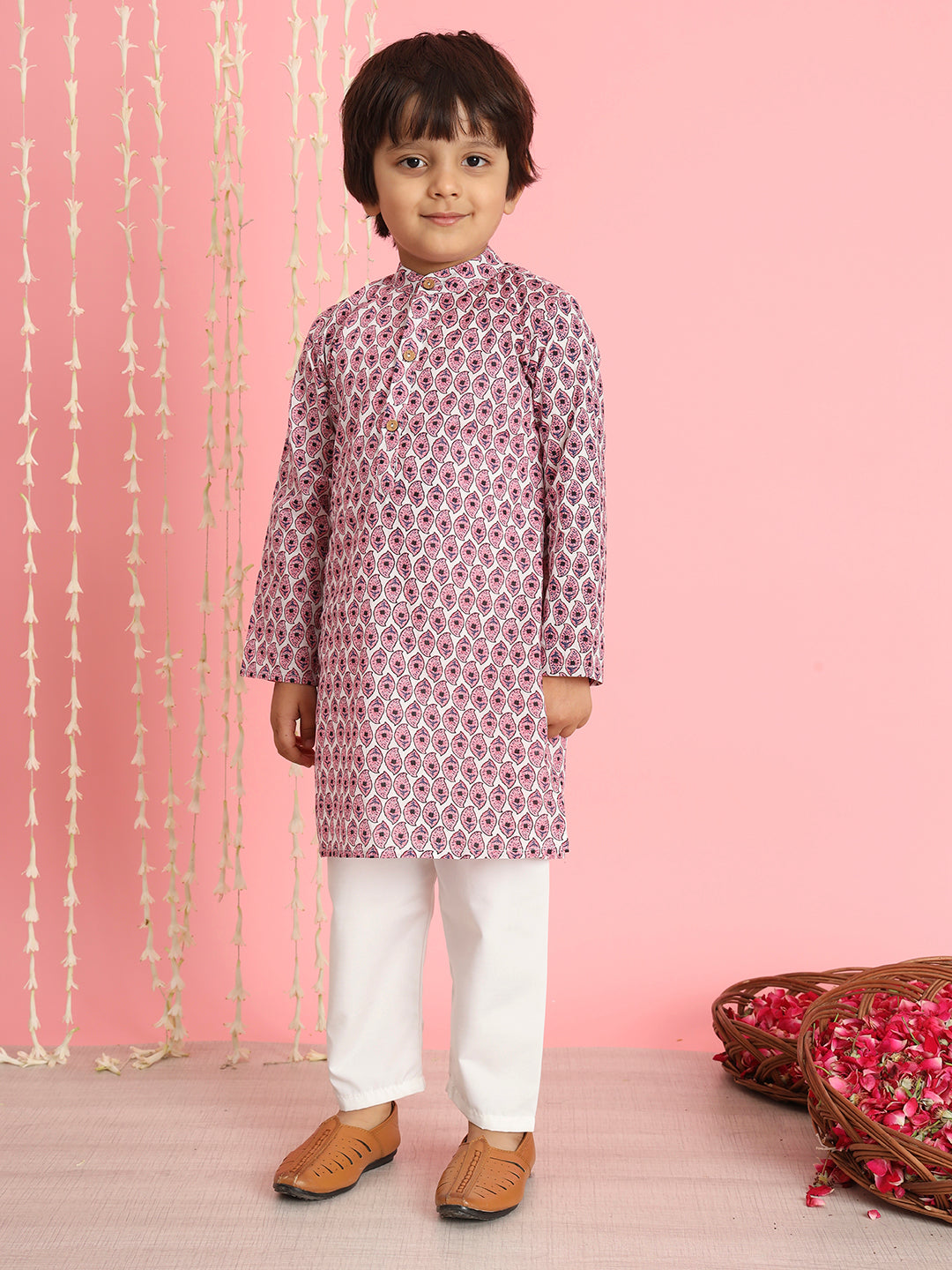 Boys Straight Style Cotton Fabric Pink And White Color Floral Printed Kurta And Pyjama With Nehru Jacket