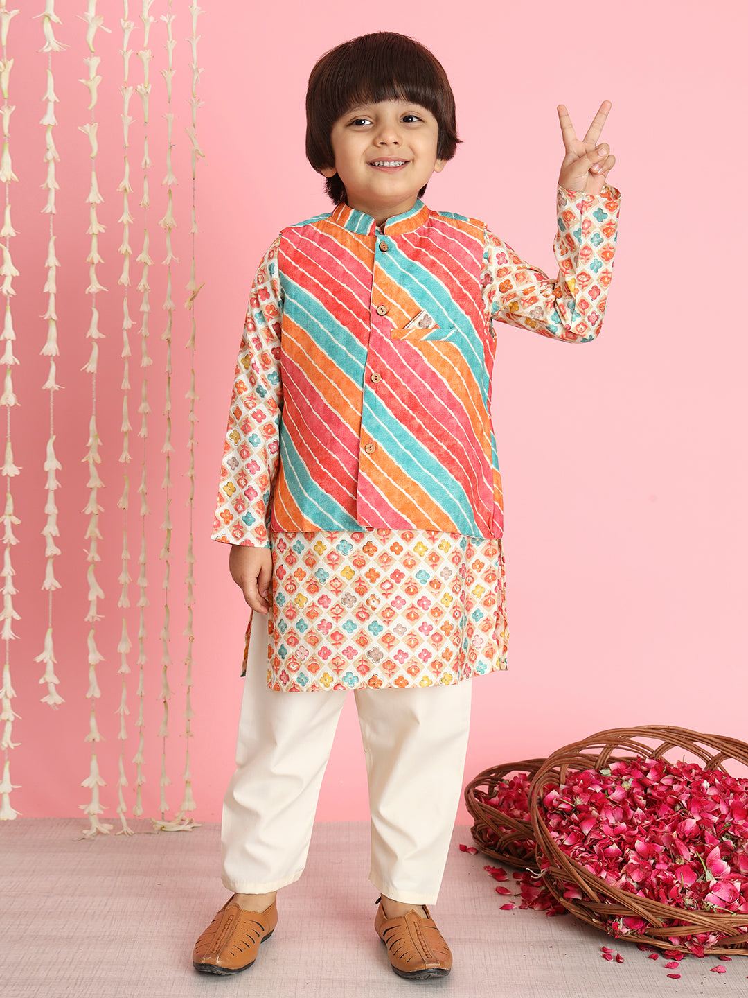 Boys Straight Style Silk Fabric Orange Color Leheriya Kurta And Cream Pyjama With Nehru Jacket