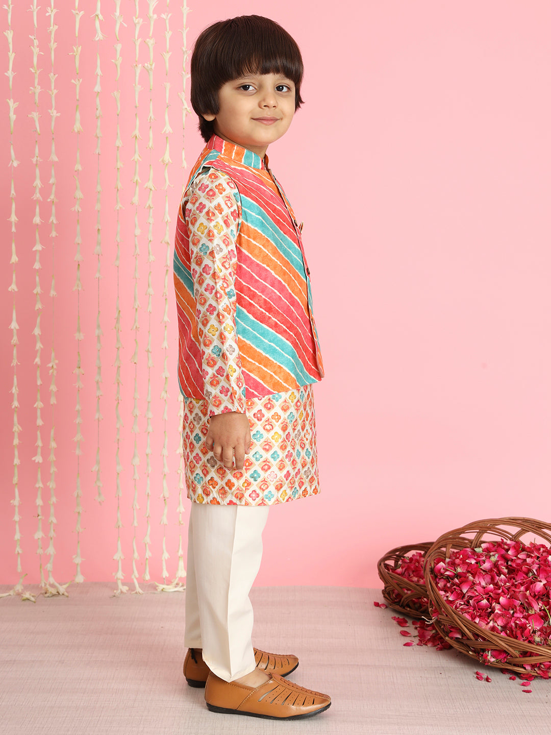 Boys Straight Style Silk Fabric Orange Color Leheriya Kurta And Cream Pyjama With Nehru Jacket