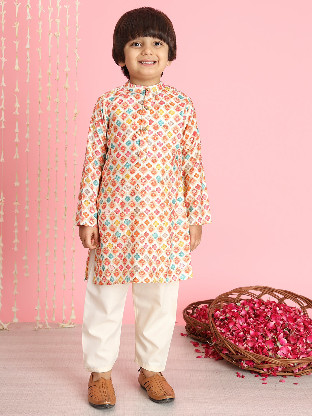 Boys Straight Style Silk Fabric Orange Color Leheriya Kurta And Cream Pyjama With Nehru Jacket