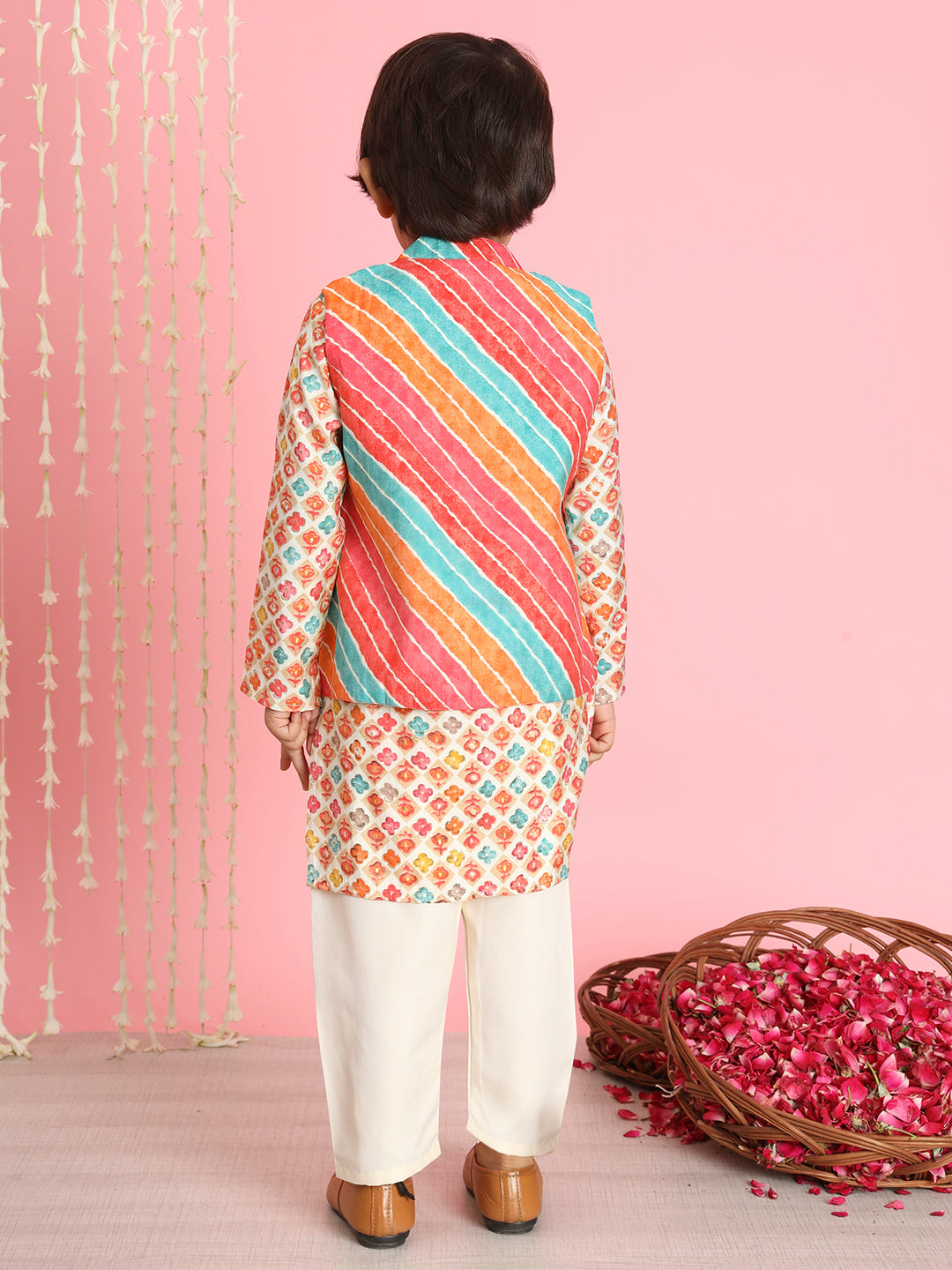 Boys Straight Style Silk Fabric Orange Color Leheriya Kurta And Cream Pyjama With Nehru Jacket