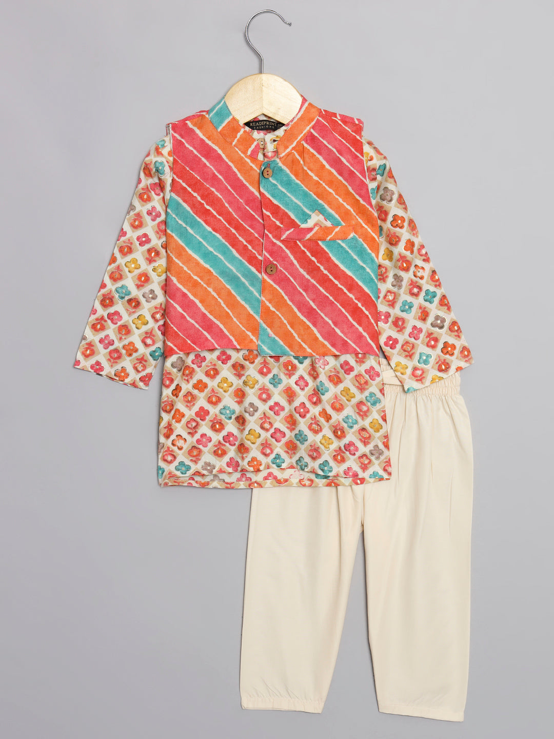 Boys Straight Style Silk Fabric Orange Color Leheriya Kurta And Cream Pyjama With Nehru Jacket