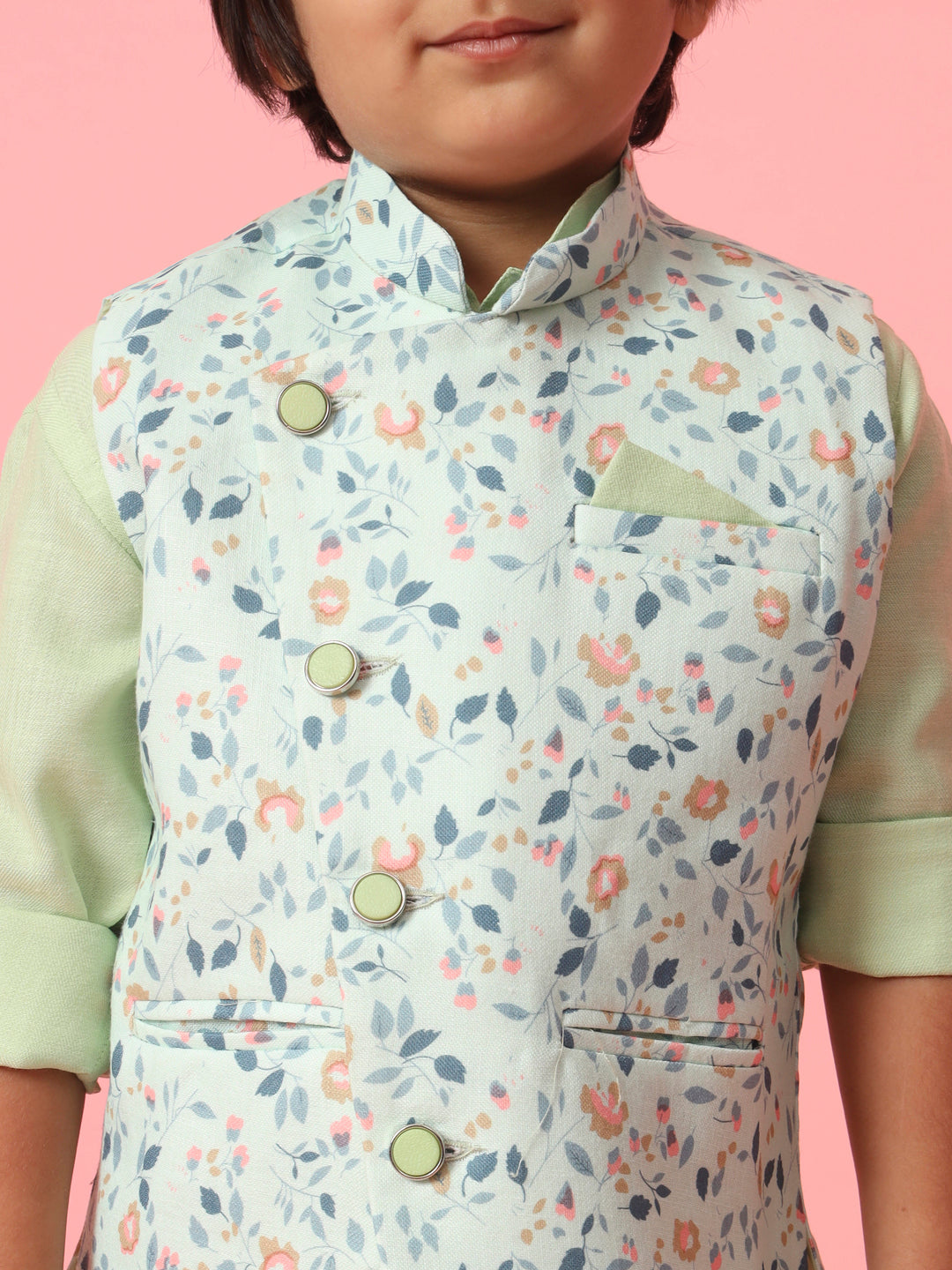 Boys Straight Style Cotton Fabric Green Color Kurta With Trouser And Floral Printed White Jacket