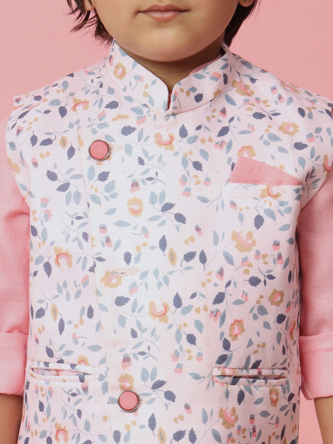 Boys Straight Style Cotton Fabric Pink Color Kurta With Trouser And Floral Printed White Jacket