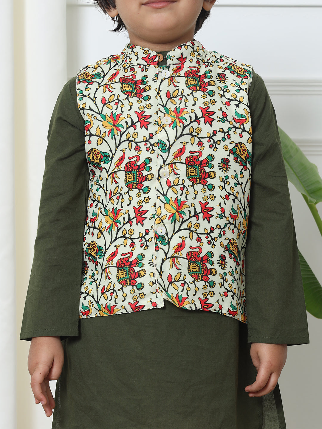 Boys Straight Style Cotton Fabric Green Color Kurta And White Pyjama With Printed Nehru Jacket