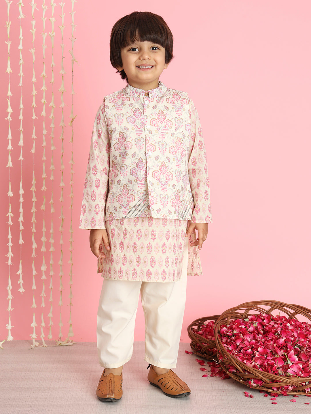 Boys Straight Style Cotton Fabric Pink And Cream Color Floral Printed Kurta And Pyjama With Nehru Jacket