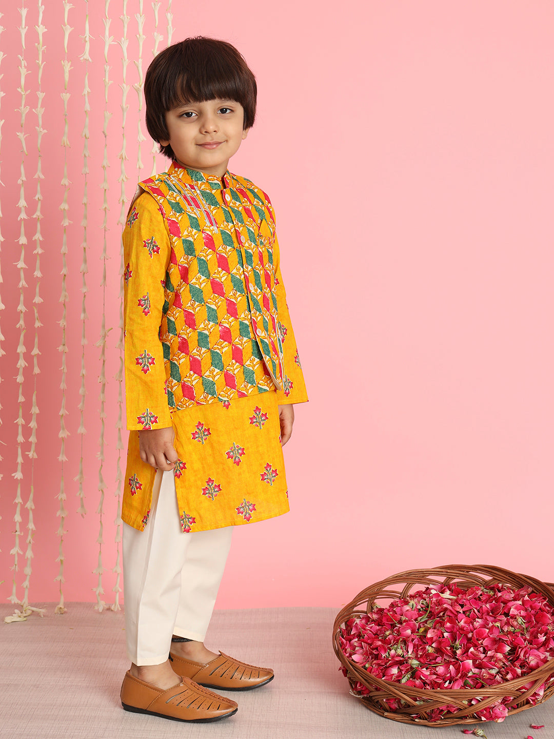 Boys Straight Style Cotton Fabric Orange And Cream Color Floral Printed Kurta And Pyjama With Nehru Jacket