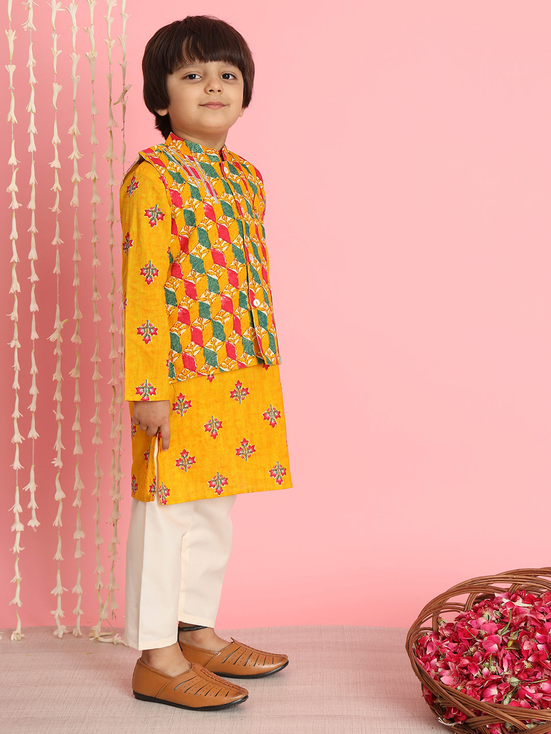Boys Straight Style Cotton Fabric Orange And Cream Color Floral Printed Kurta And Pyjama With Nehru Jacket