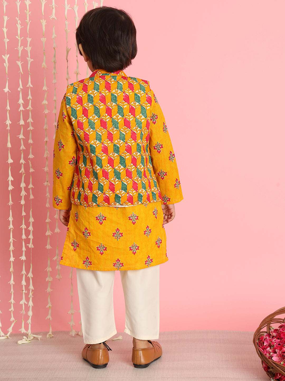 Boys Straight Style Cotton Fabric Orange And Cream Color Floral Printed Kurta And Pyjama With Nehru Jacket