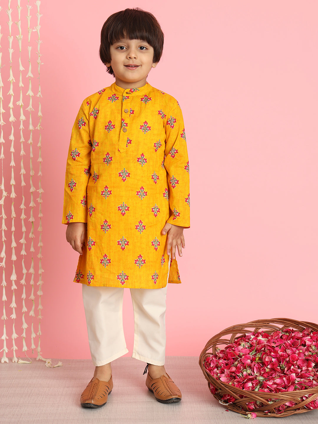 Boys Straight Style Cotton Fabric Orange And Cream Color Floral Printed Kurta And Pyjama With Nehru Jacket