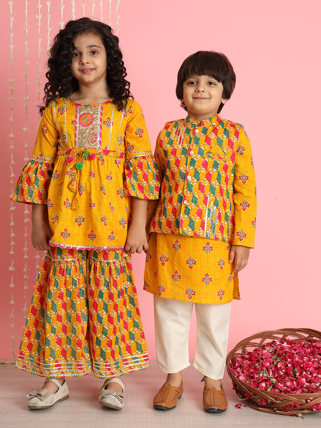 Boys Straight Style Cotton Fabric Orange And Cream Color Floral Printed Kurta And Pyjama With Nehru Jacket