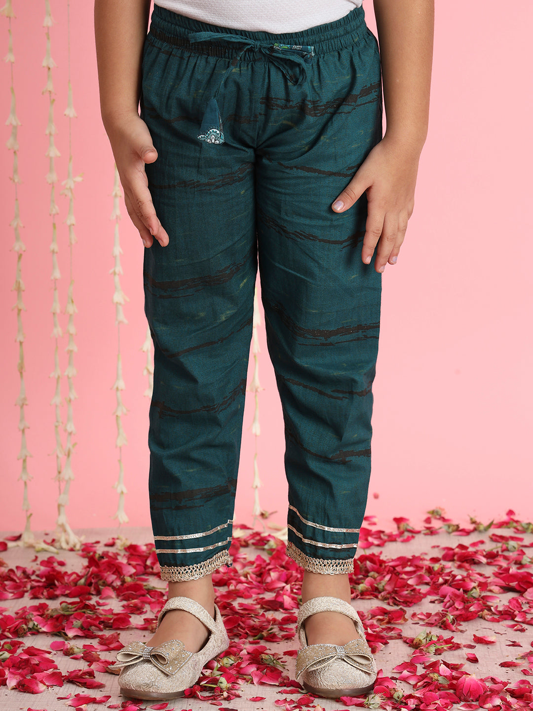 Frock Style Cotton Fabric Teal Color Floral Printed Kurti And Pyjama With Gotta Lace Work