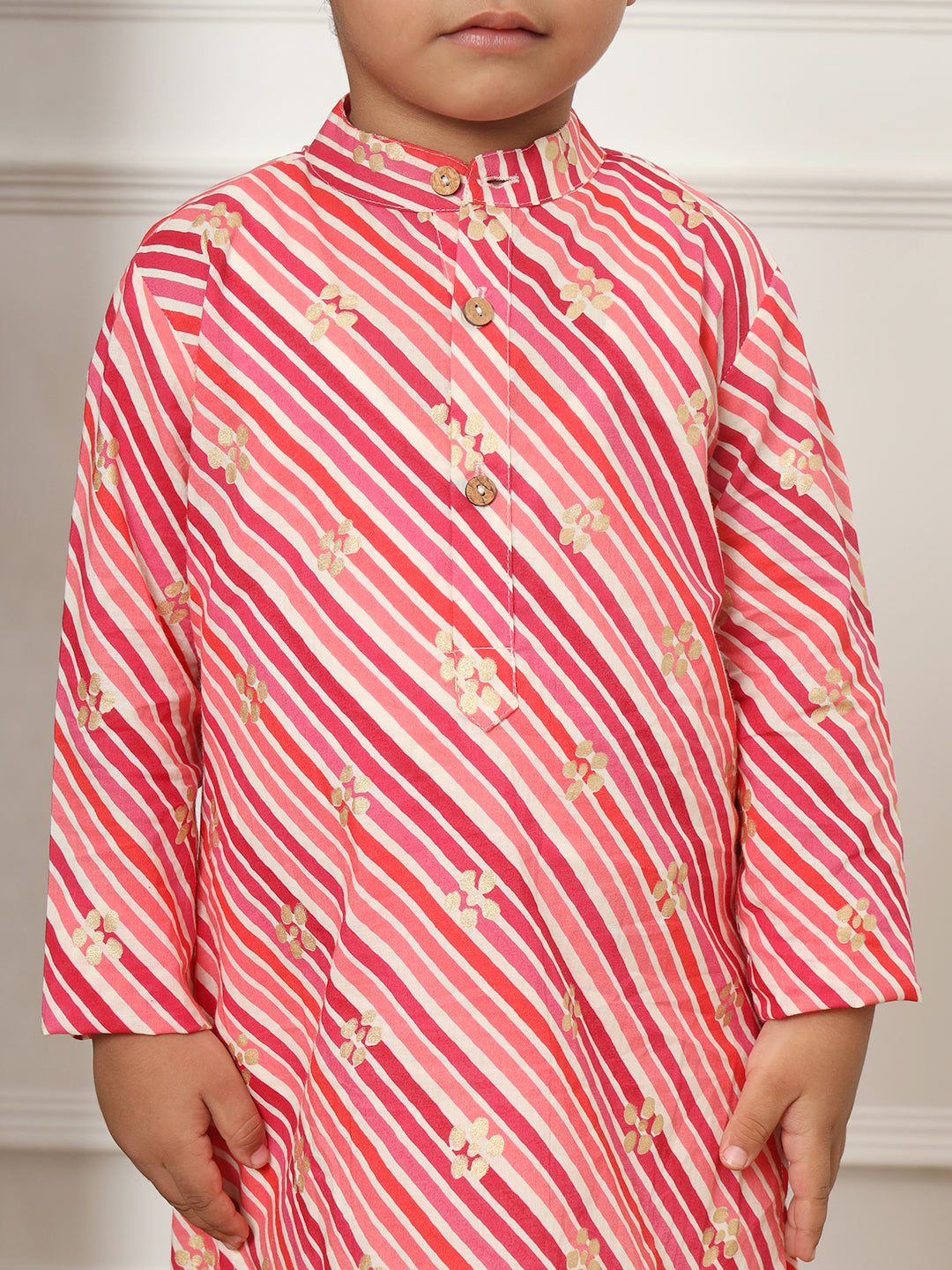 Boys Straight Style Cotton Fabric Maroon Color Leheriya Kurta With White Color Pyjama