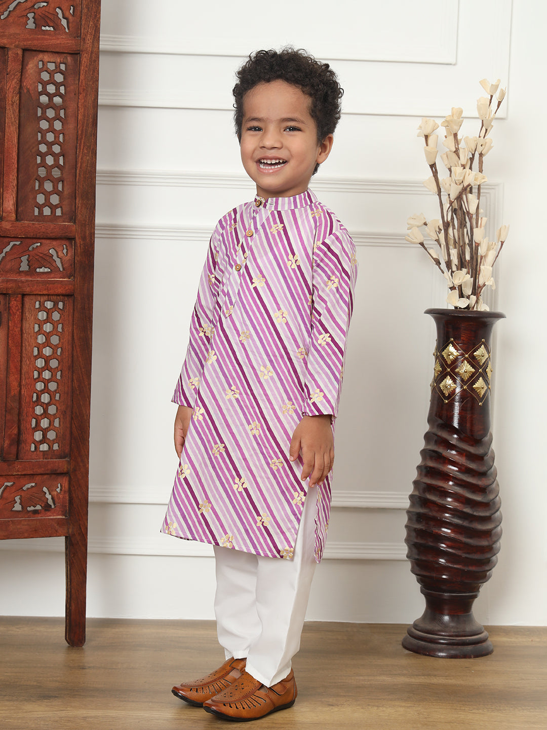 Boys Straight Style Cotton Fabric Purple Color Leheriya Kurta With White Color Pyjama