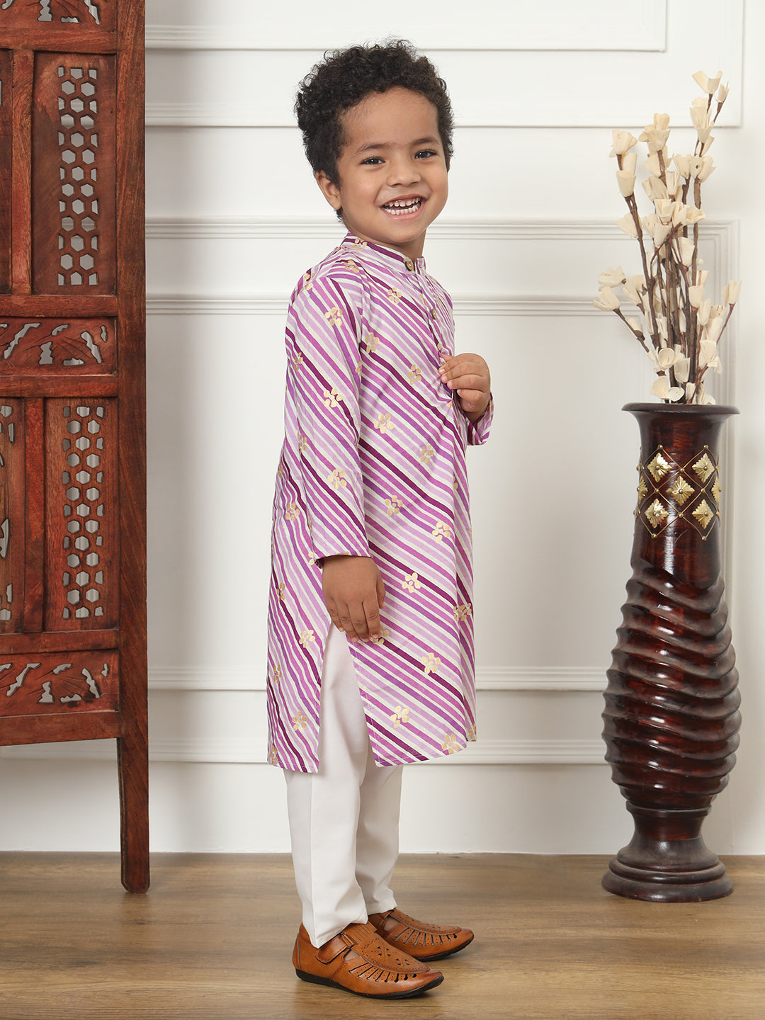 Boys Straight Style Cotton Fabric Purple Color Leheriya Kurta With White Color Pyjama