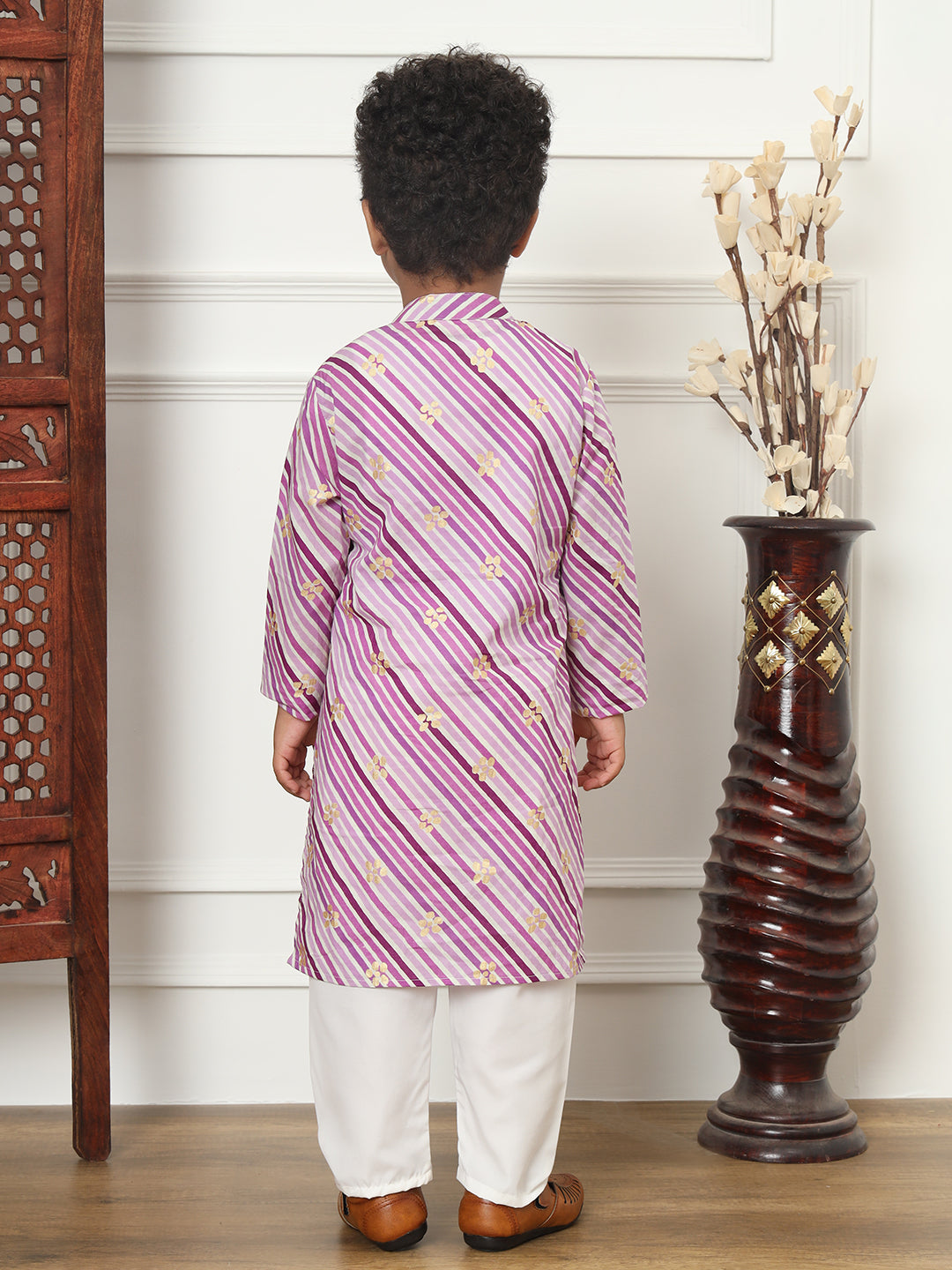 Boys Straight Style Cotton Fabric Purple Color Leheriya Kurta With White Color Pyjama