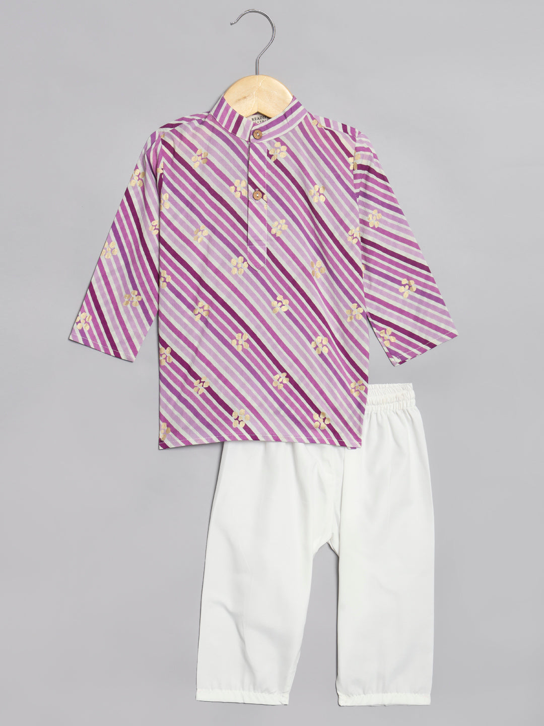 Boys Straight Style Cotton Fabric Purple Color Leheriya Kurta With White Color Pyjama