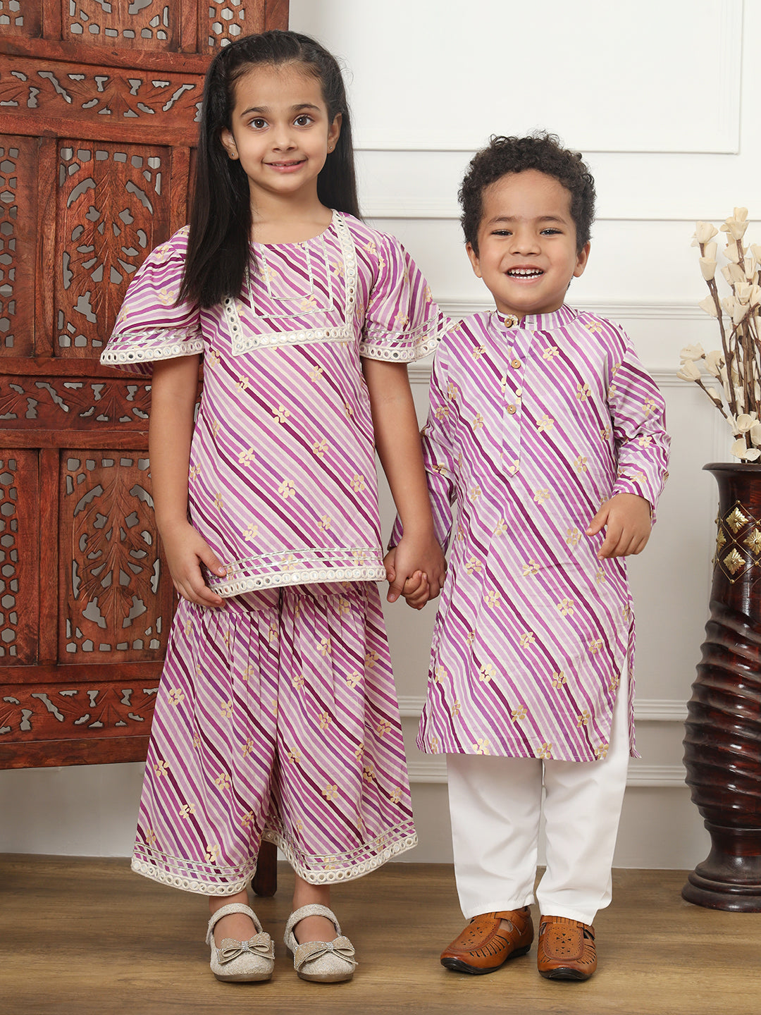 Boys Straight Style Cotton Fabric Purple Color Leheriya Kurta With White Color Pyjama